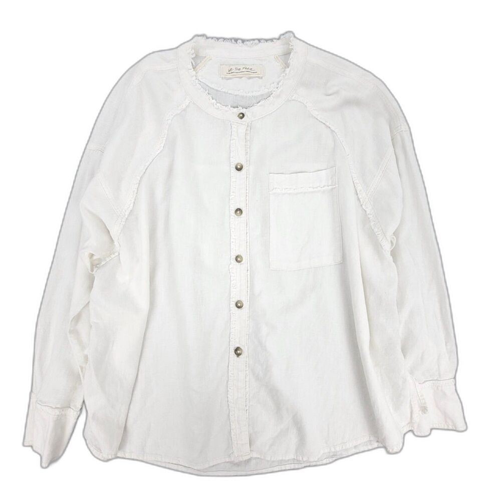 FREE PEOPLE Linen Keep It Simple Button Down Long Sleeve Shirt White Boho XS